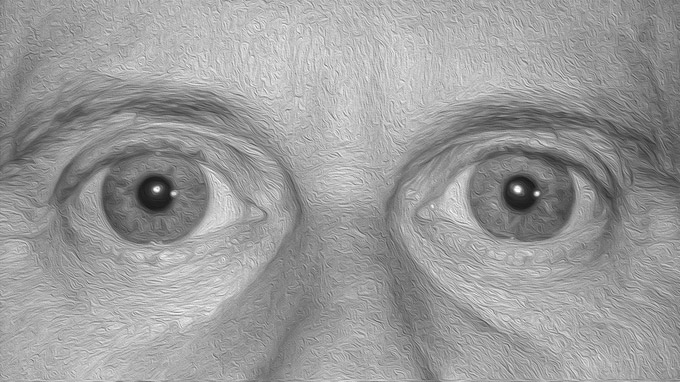 Mag. Johann Varga / große Augen Ölbild in schwarzweiß / Zum Vergrößern auf das Bild klicken